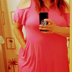Bright pink cold shoulder dress XL with pockets knee length